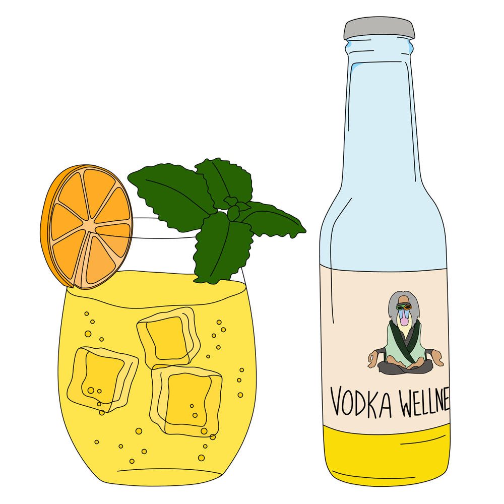 Vodka Wellness pur im Glas mit Orange und Minze, daneben die Flasche
